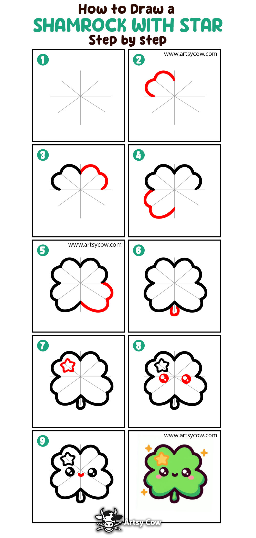 How To Draw A Shamrock With Star all steps together